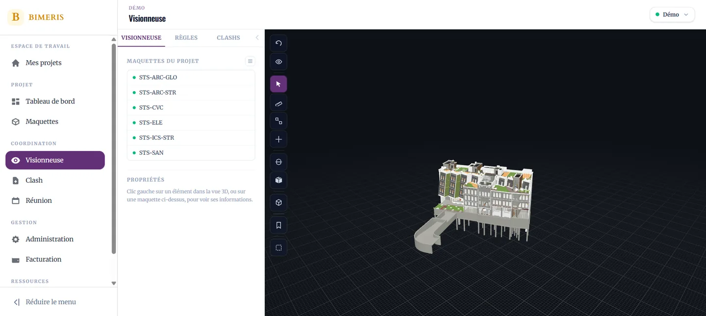 BIMERIS viewer with six models of the Snowdon Towers sample project listed on the left and the whole building in 3D on the right.