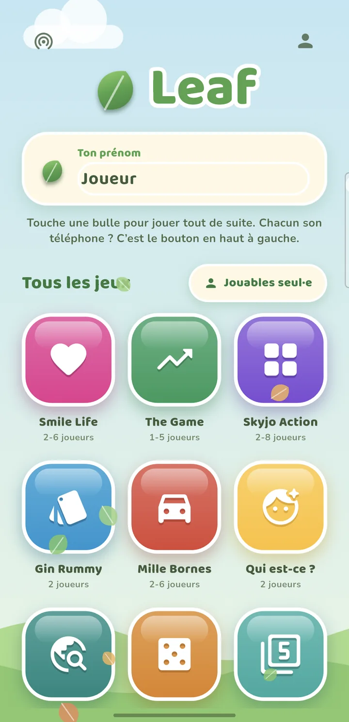 Leaf home screen: a name field and a grid of game bubbles, each with its player count.